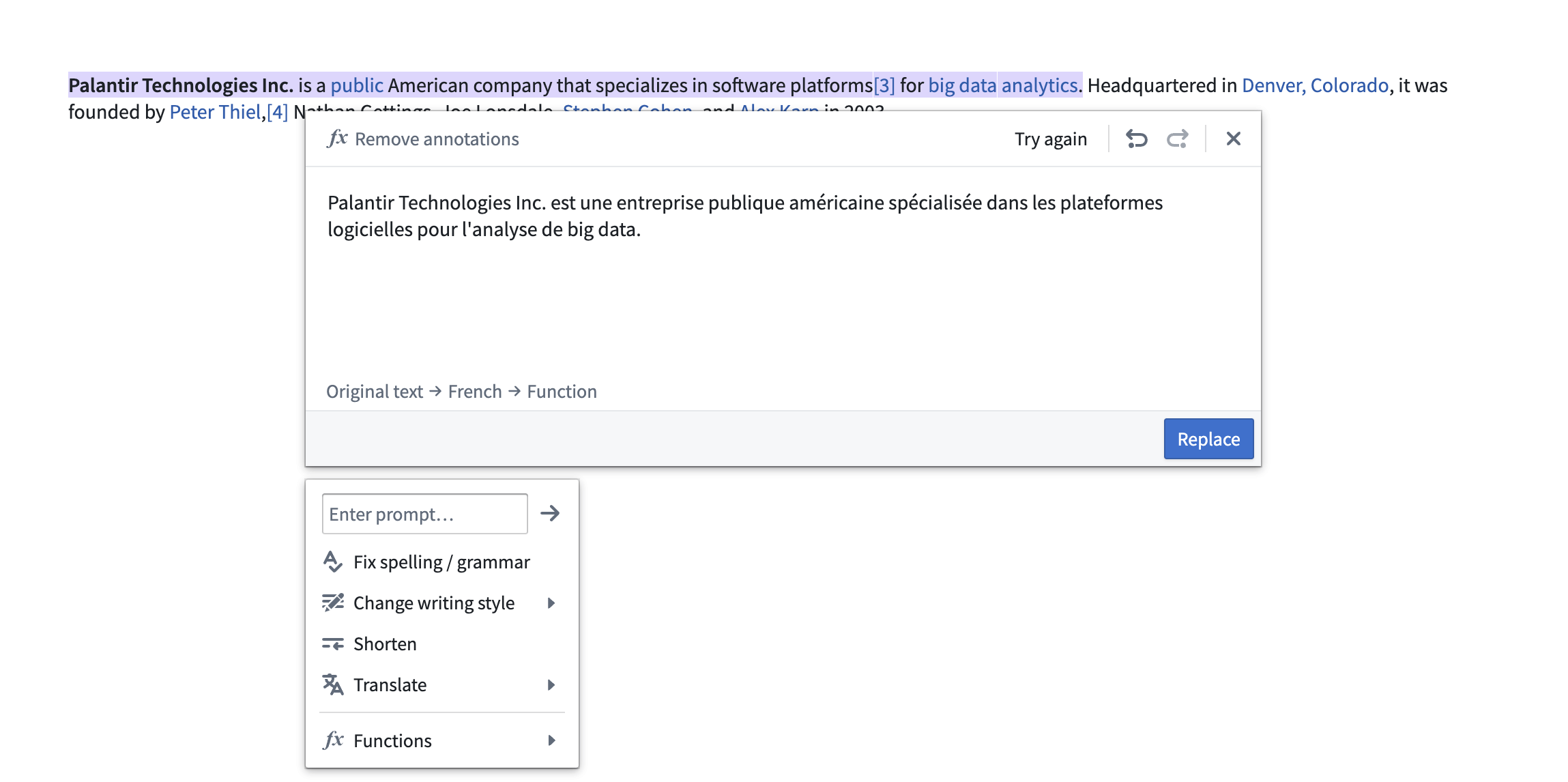 AIP dropdown menu in Notepad showing available features.