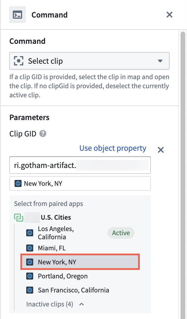 The Clip GID parameter displays a user selecting an existing clip on their Gaia map.