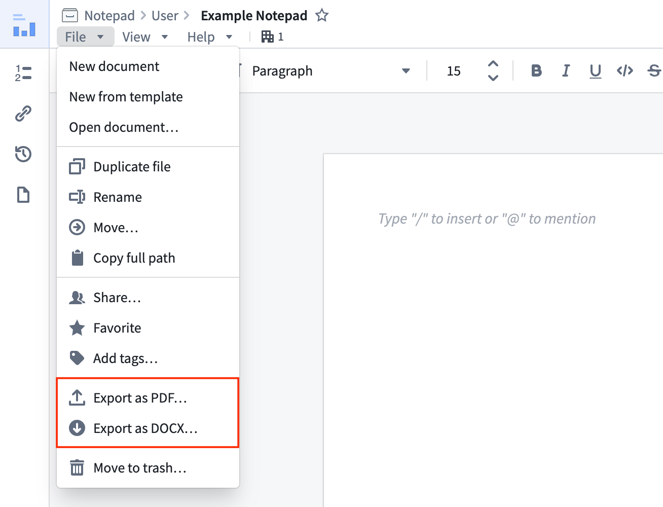 The option to export a file as PDF or DOCX is displayed in Notepad's File menu.