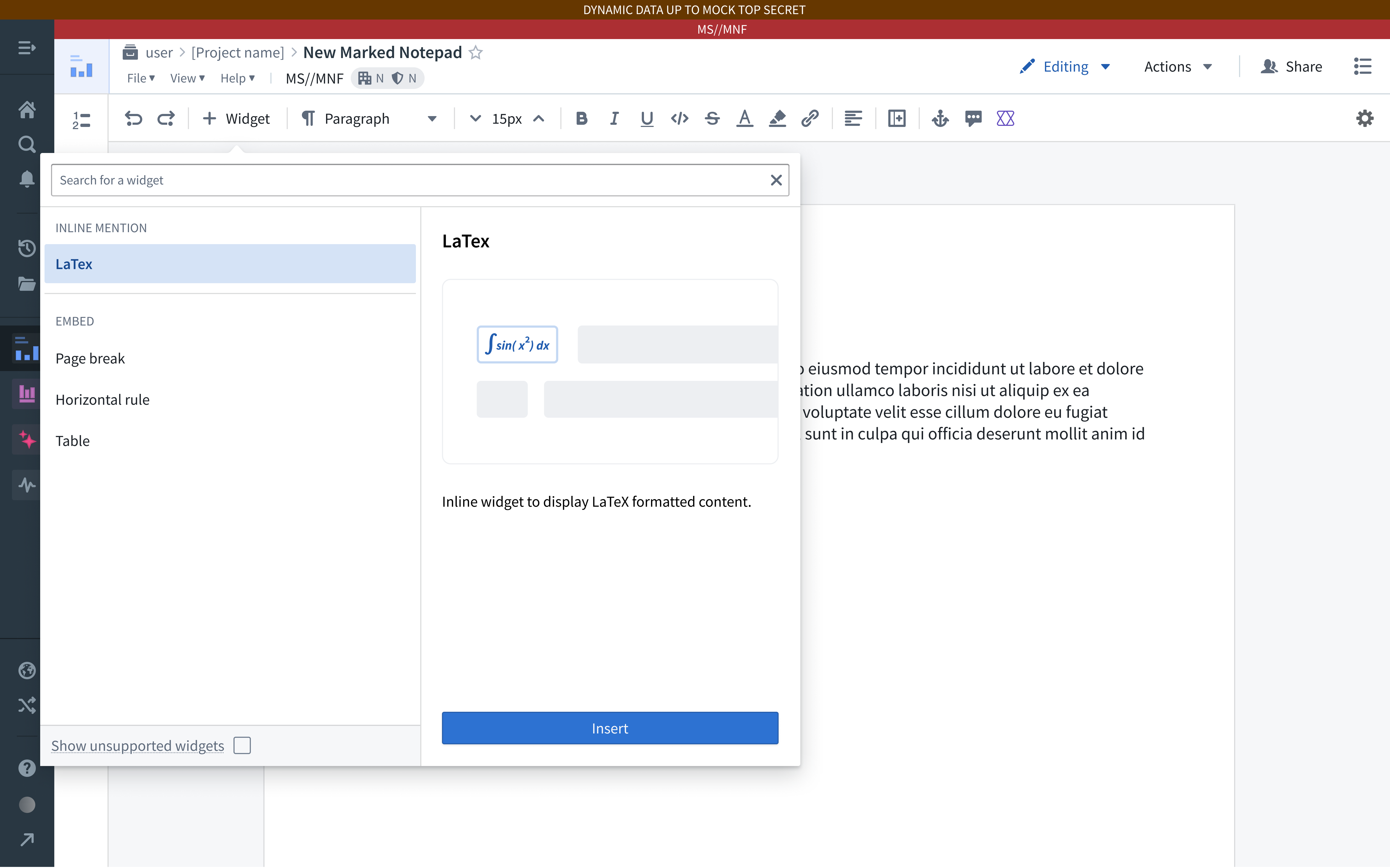 The +Widget menu in an envelope-secured Notepad document, filtered to show only supported widgets.