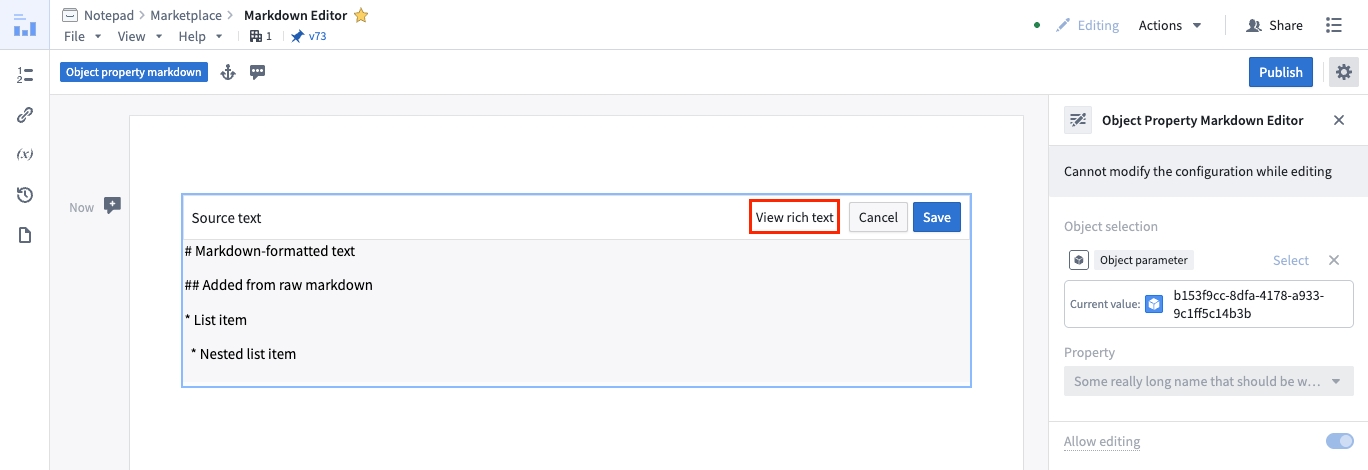 The Object property Markdown editor widget on a Notepad document displays rich text to edit.