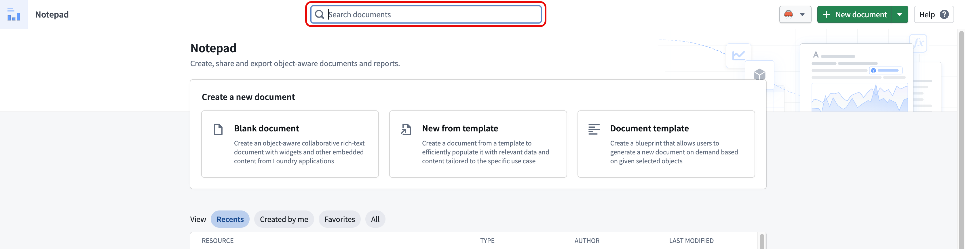 Use the Search documents bar on the Notepad homepage to search for any document you are able to access.