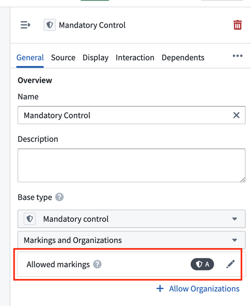 An example of an object type property of type mandatory control.