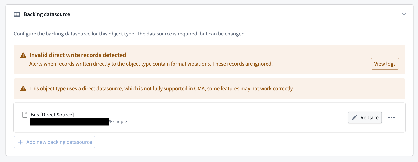 The invalid records banner shown on the Datasources tab in Ontology Manager.