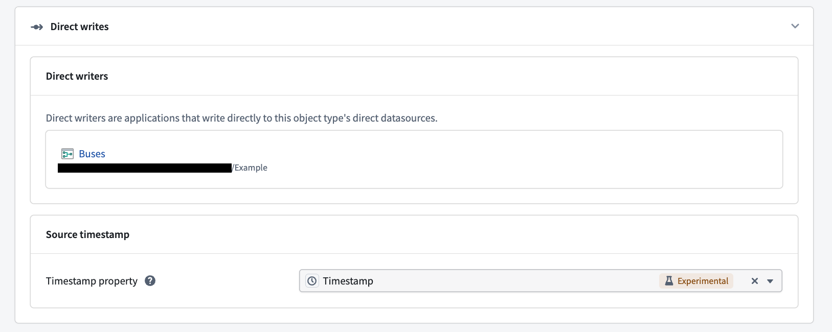 The Source timestamp section of the Direct writes panel in the Datasources tab of a direct datasource object type in Ontology Manager.