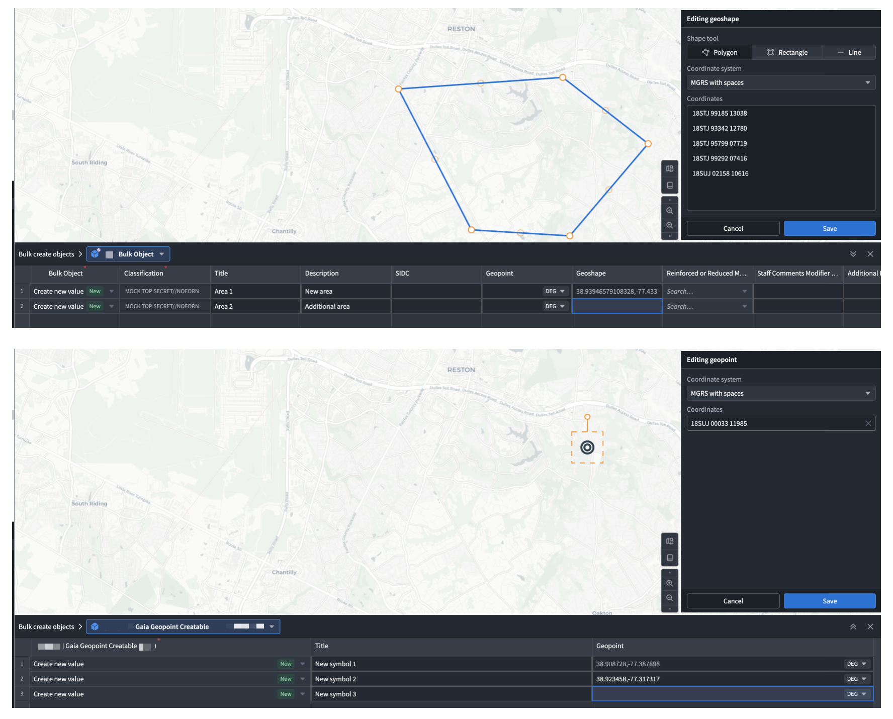 Select the geoshape or geopoint property's cell to draw a new shape or drop a new symbol to add via the Bulk create objects table.