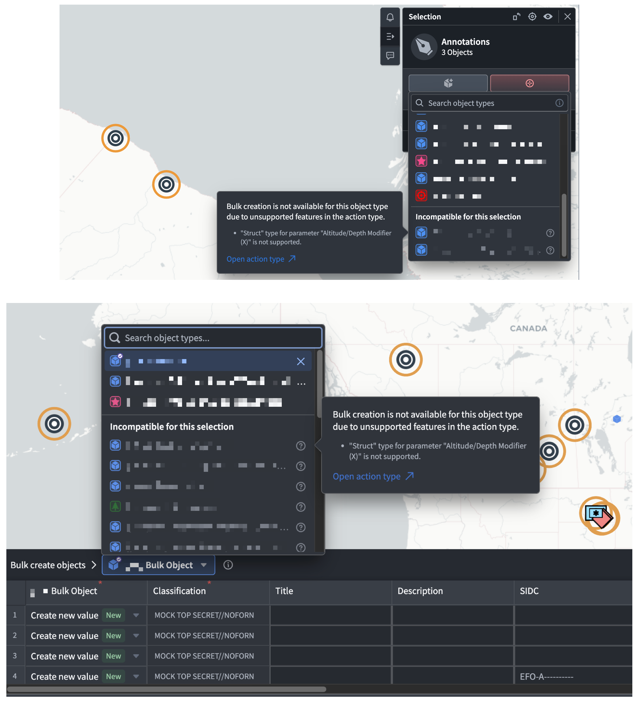Compatible and incompatible object types are listed in the bulk creation workflow with a tooltip explaining ineligibility reasons.