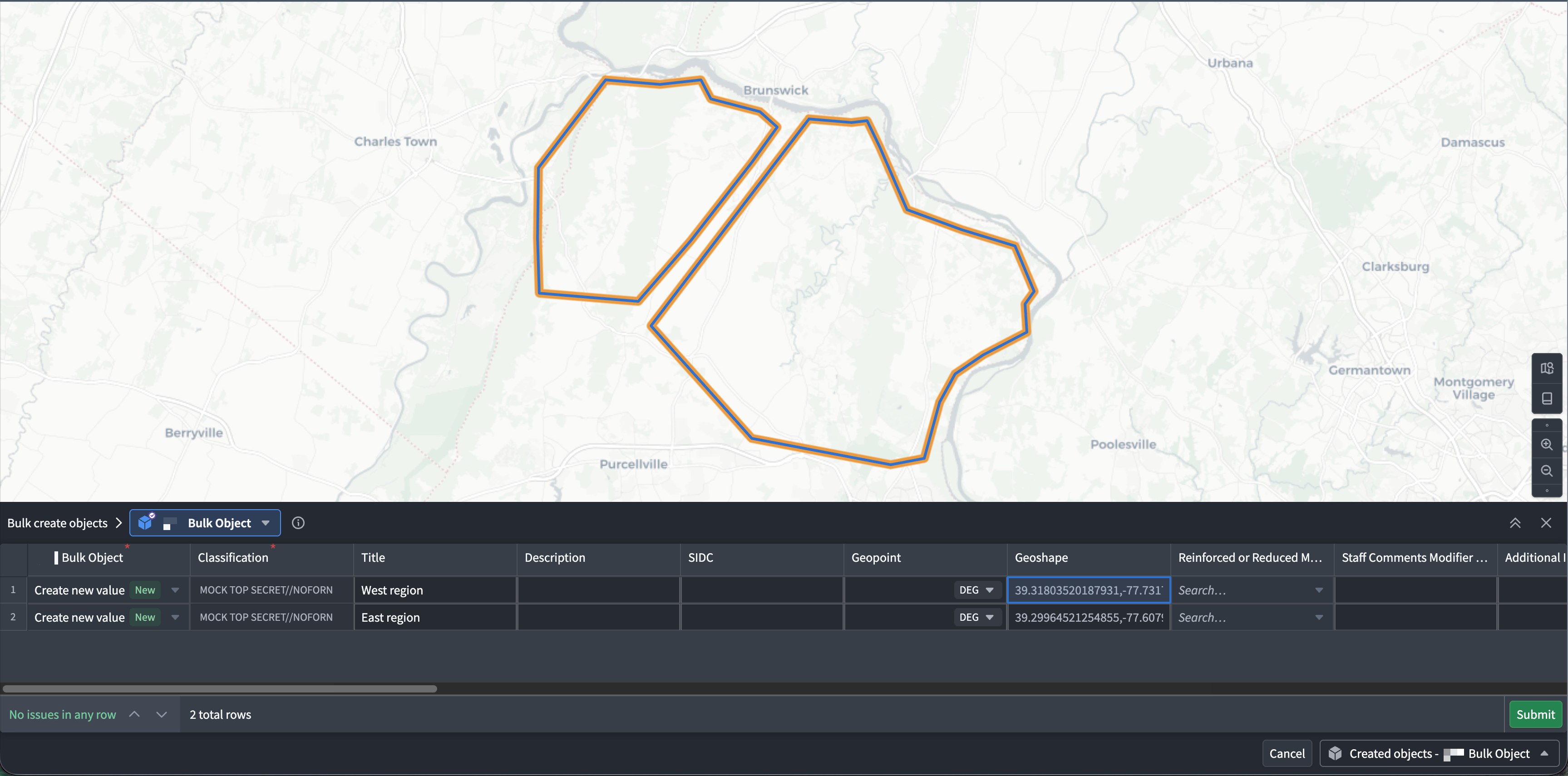 The Bulk create objects table displays two annotations to create as objects.