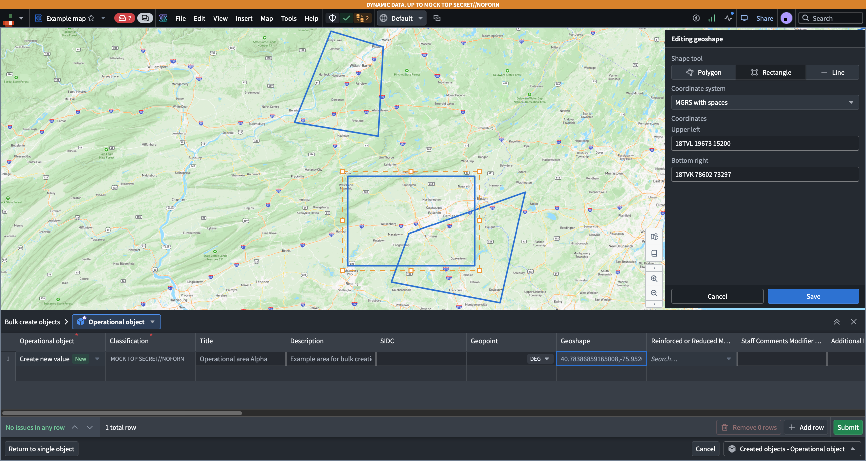 The Bulk create objects table is displayed at the bottom of a Gaia map.