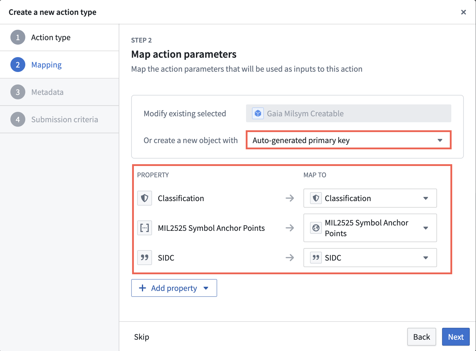 The Create a new action type window is displayed for an object type implementing the Gaia Milsym Creatable interface, where a user can map action parameters used as action inputs.