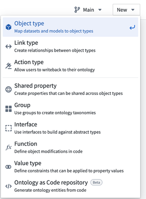 Select object type from the New dropdown menu.