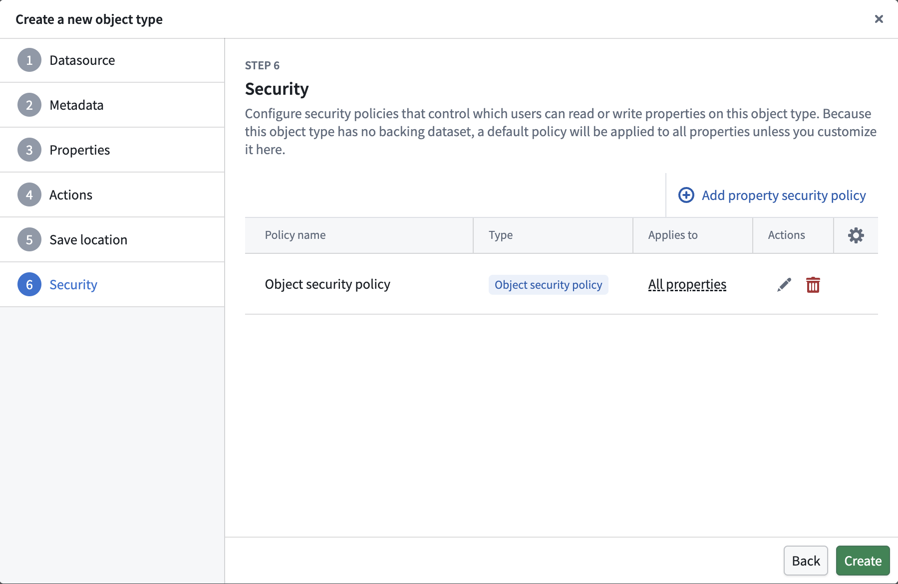 New object type Security policies step.