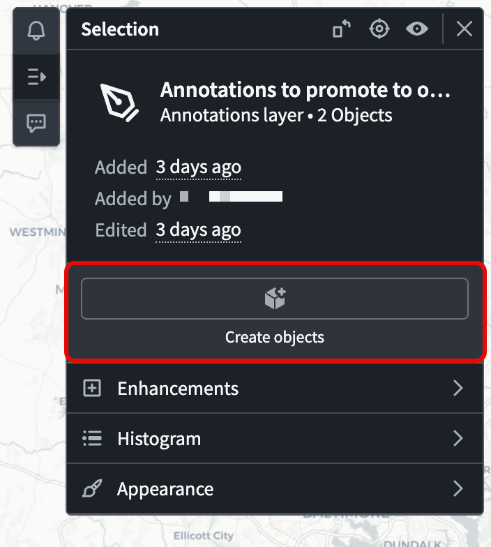 Select Create objects from the right Selection panel to nominate annotations in bulk.