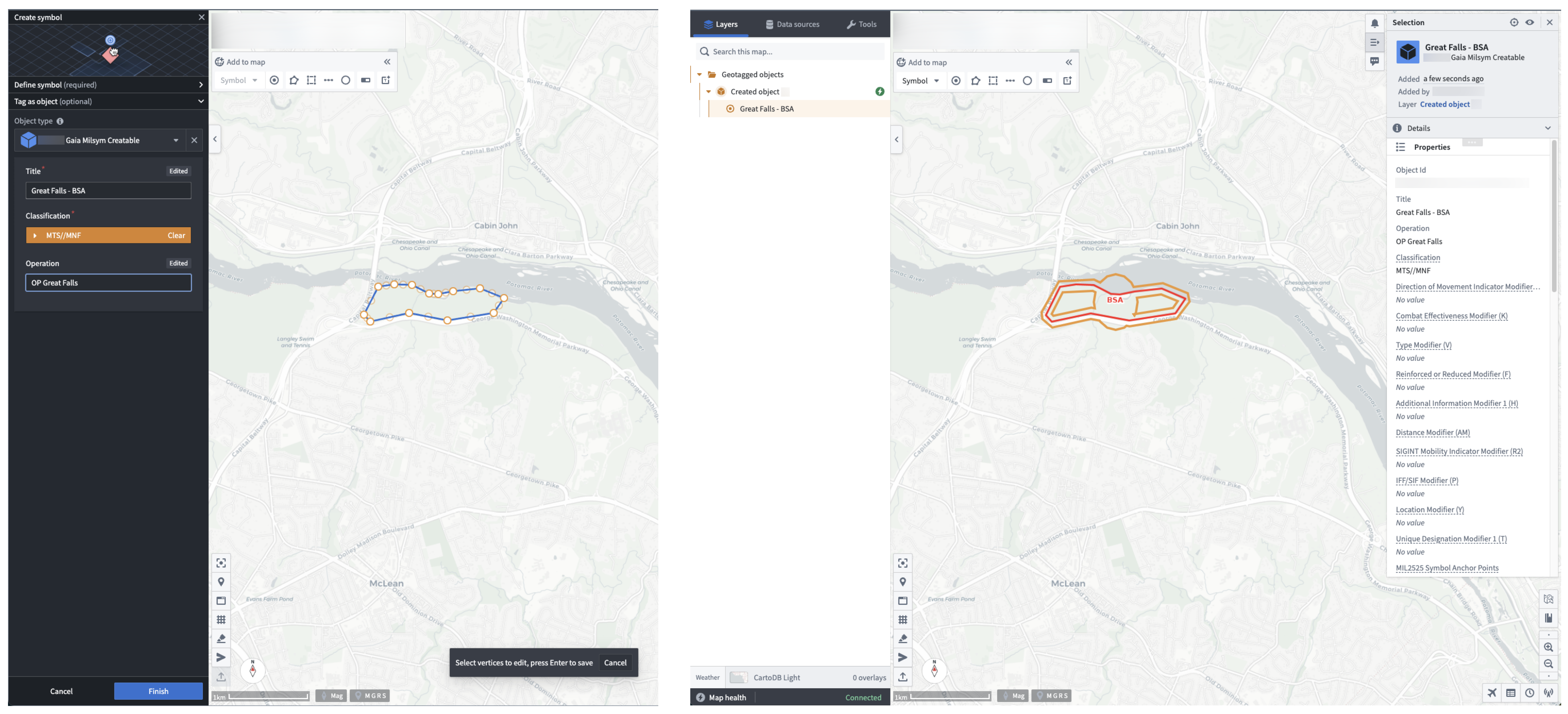 A Gaia map displays a tactical graphic drawn and saved on a map canvas.