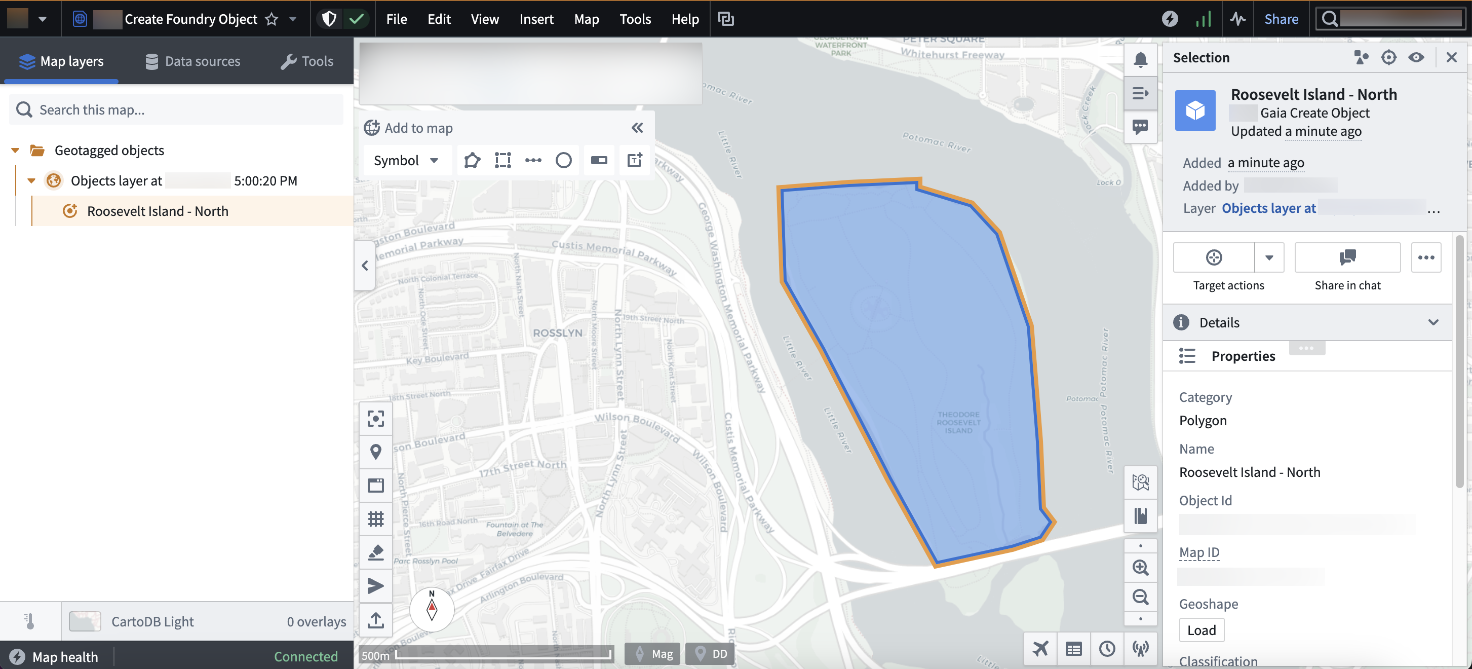 Users can view a shape's object data on a Gaia map after it is drawn.