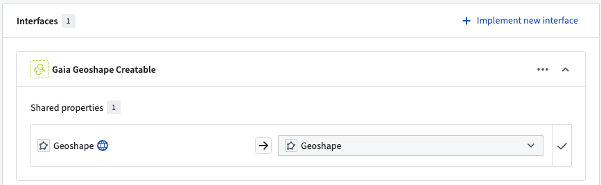 Ontology Manager's Interfaces window displays the Gaia Geoshape Creatable interface after it has been implemented on an object type.
