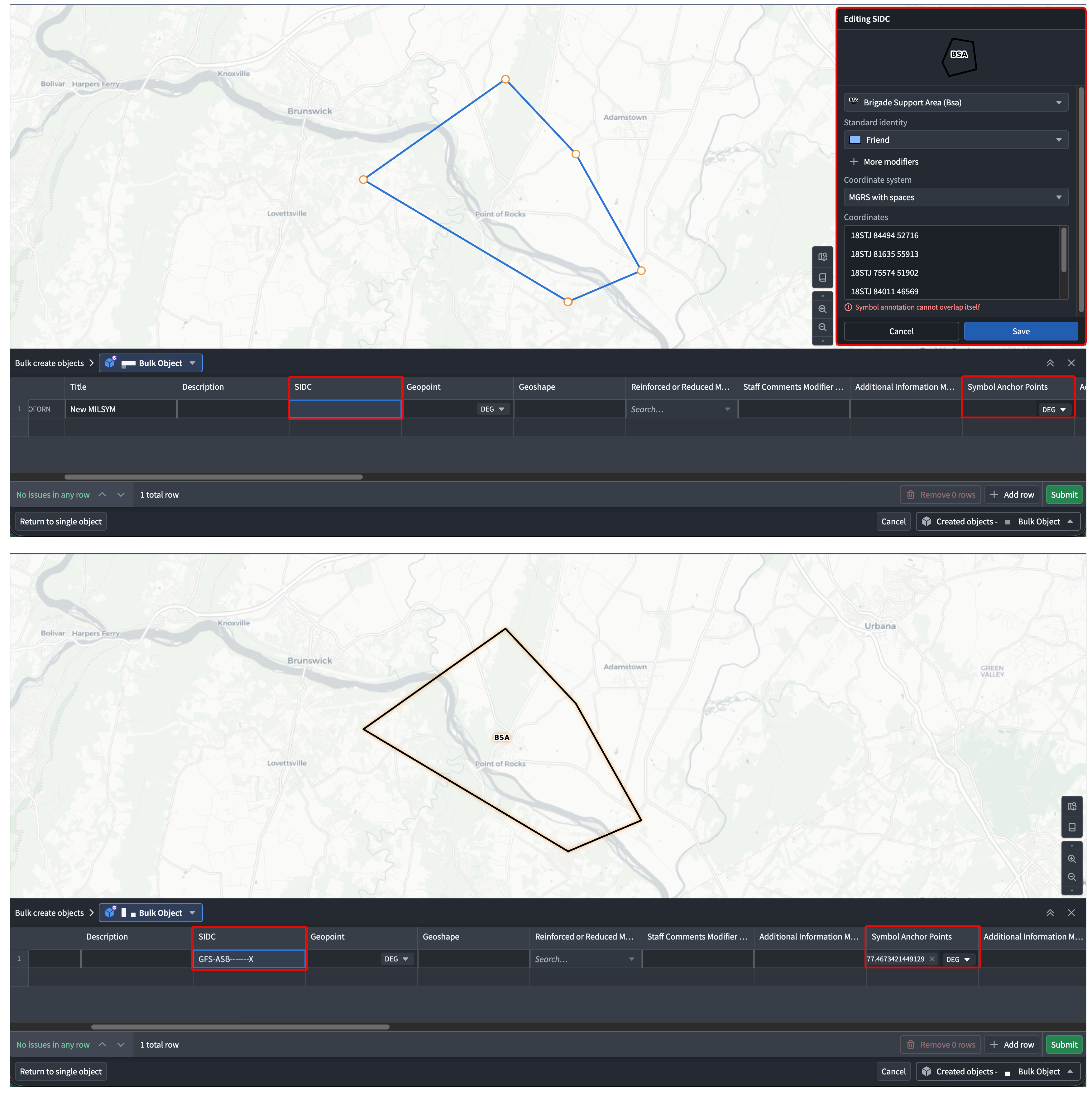 Bulk creating military symbols requires SIDC and Symbol Anchor Points properties in the action configuration.