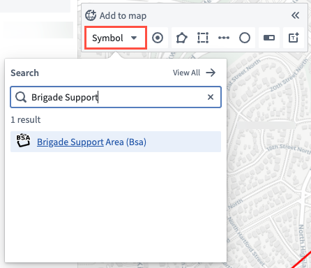 Gaia's Add to map toolbar's Search window enables a user to search for a symbol or tactical graphic to add to their map.