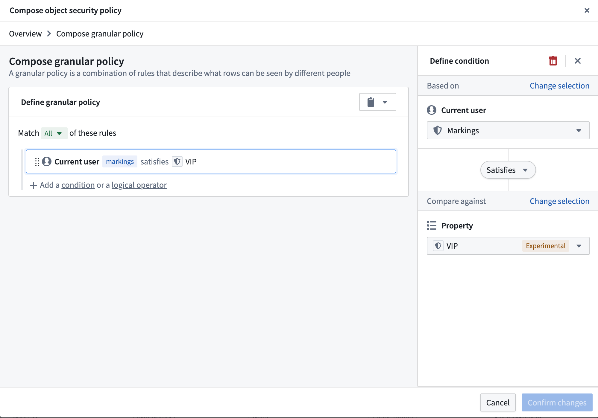 The "Compose granular policy" view, with the option to add a condition on the VIP mandatory control property.