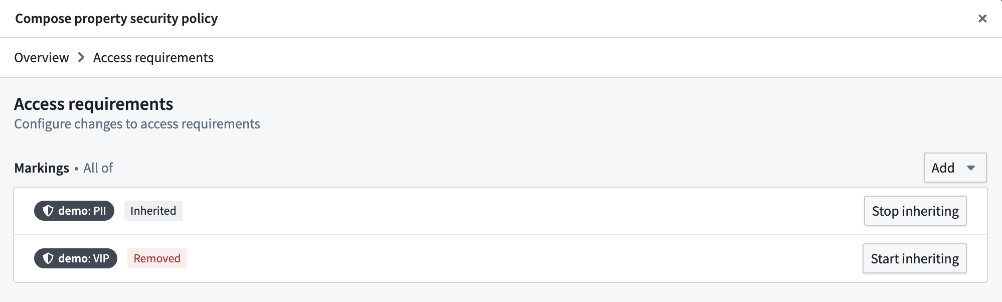 The "Access requirements" section listing inherited markings.
