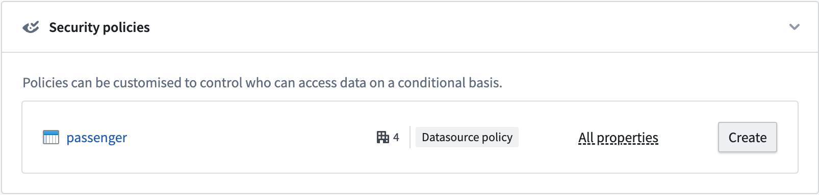 The "Create" option under the "Security policies" section.