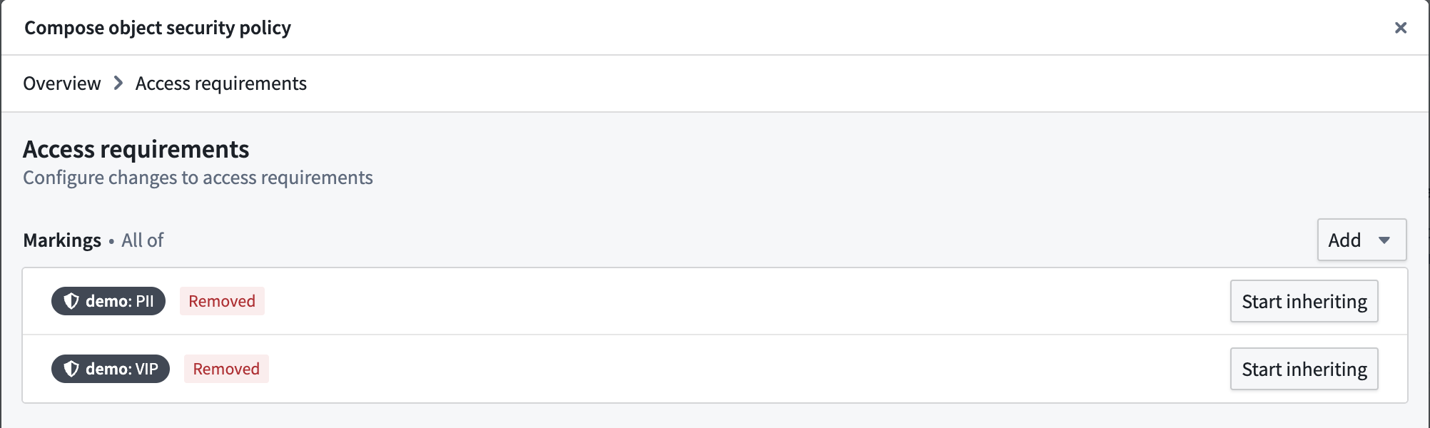 Markings listed under access requirements with the option to start and stop inheriting markings.