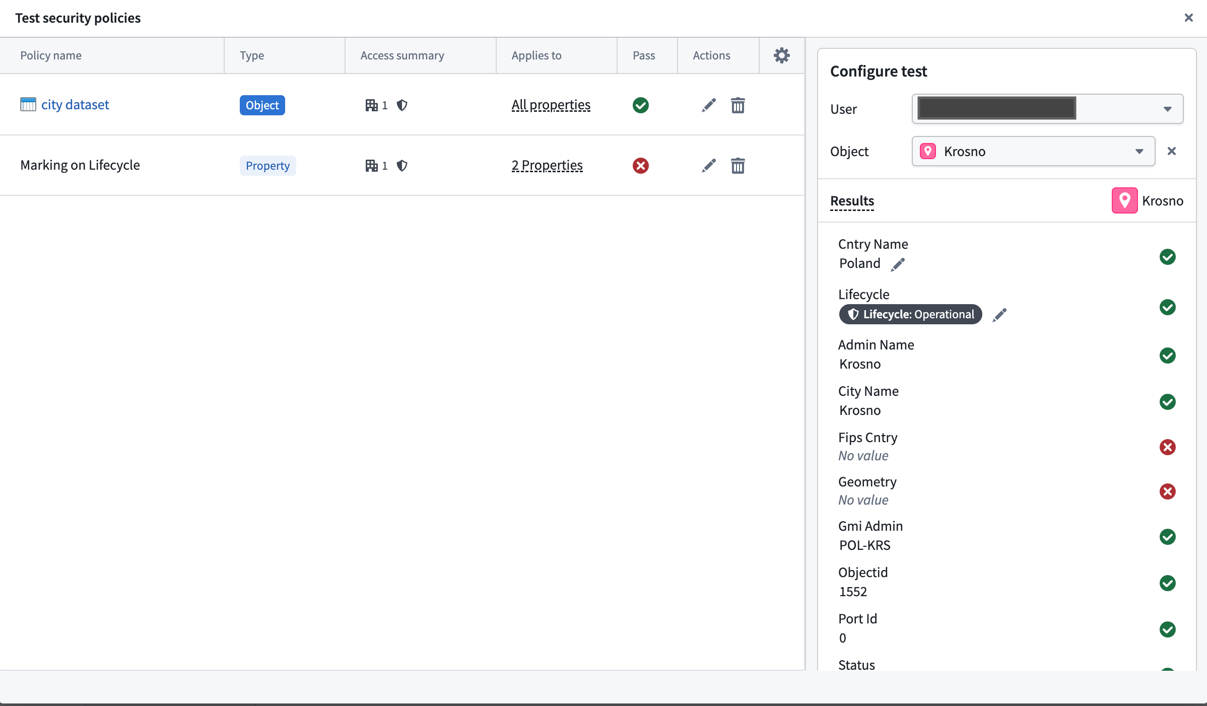 The security policy testing dialog, where you can test a user's visibility and edit property values for hypothetical object instances.