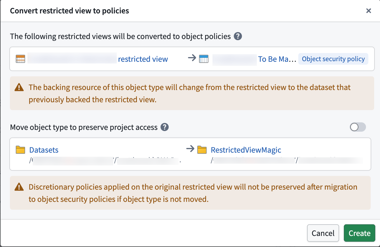 The restricted view to object security policy migration tool.