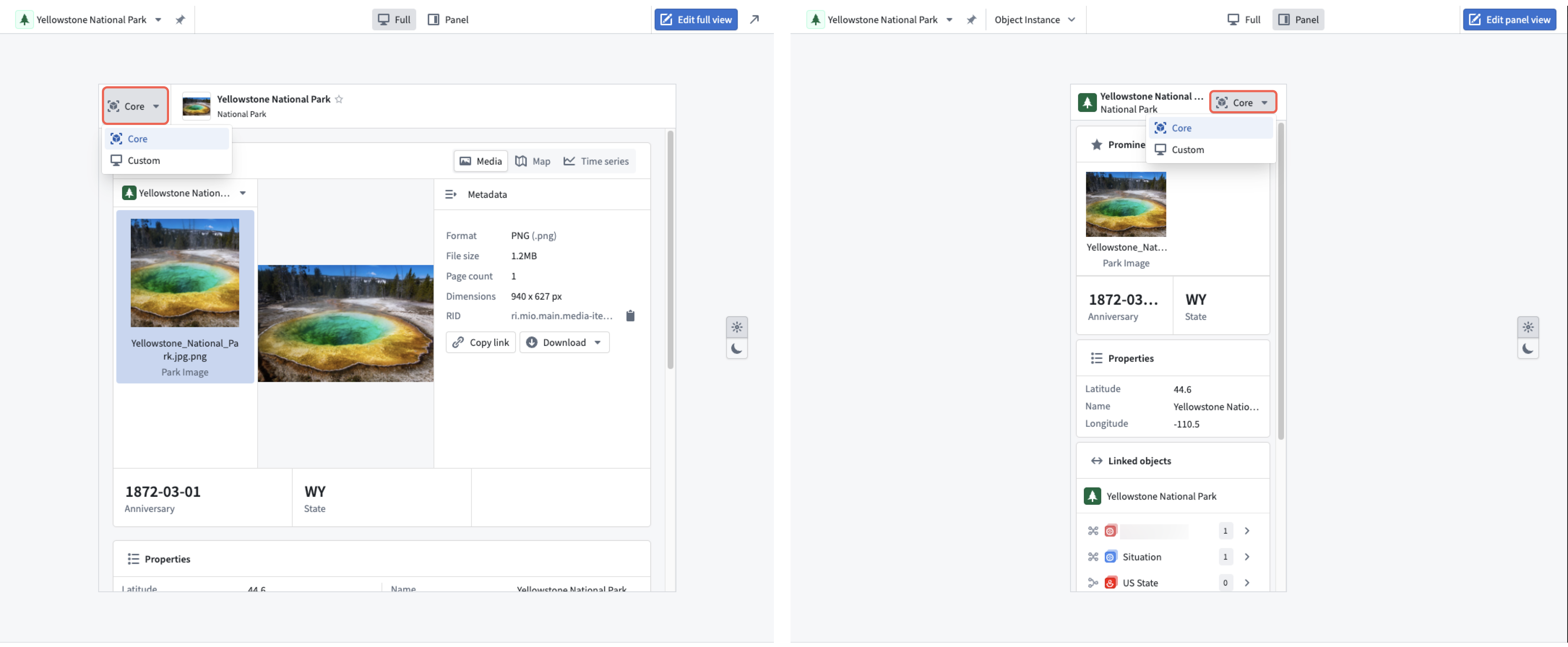 A core Object View's full and panel form factors are displayed.