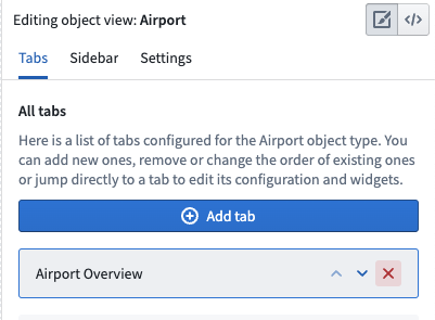 Delete a tab in Object View with editor sidebar