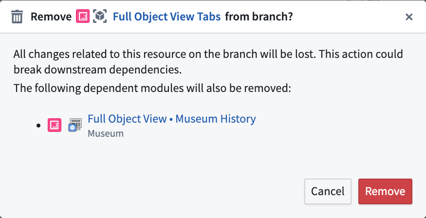 A screenshot showing the option to remove an Object View branch resource from the branch taskbar.