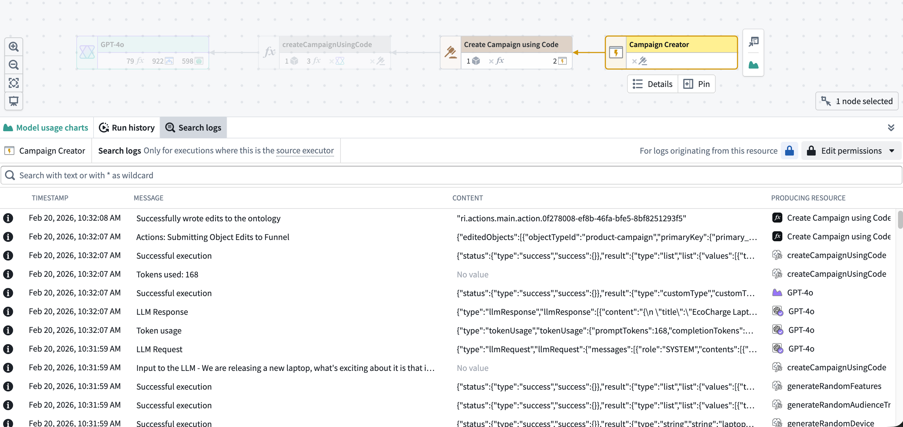 Searching across logs in Workflow Lineage.