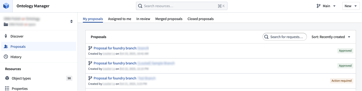 Ontology Manager's My proposals overview page.