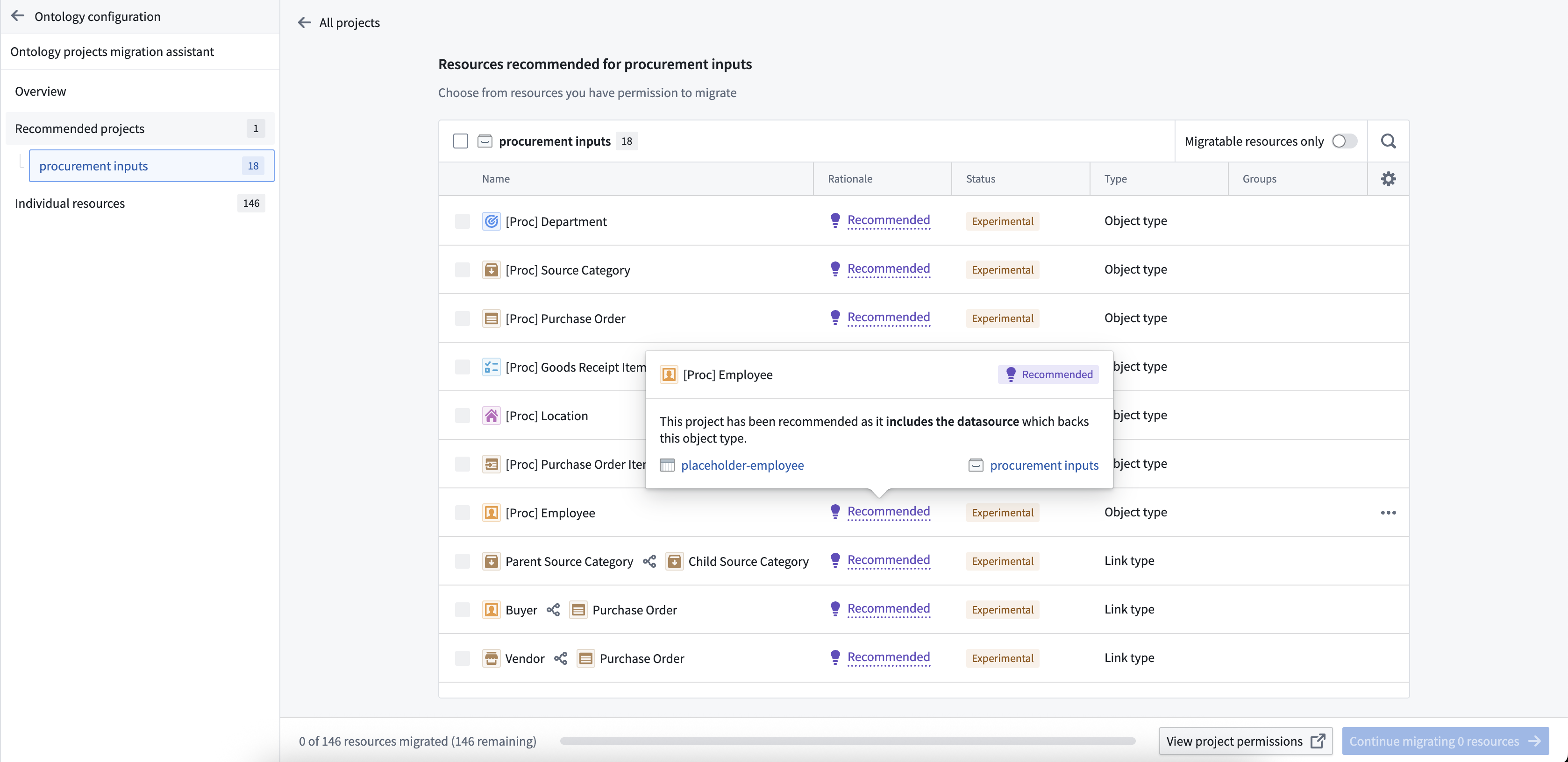 The migration assistant preselects strong recommendations for your review.