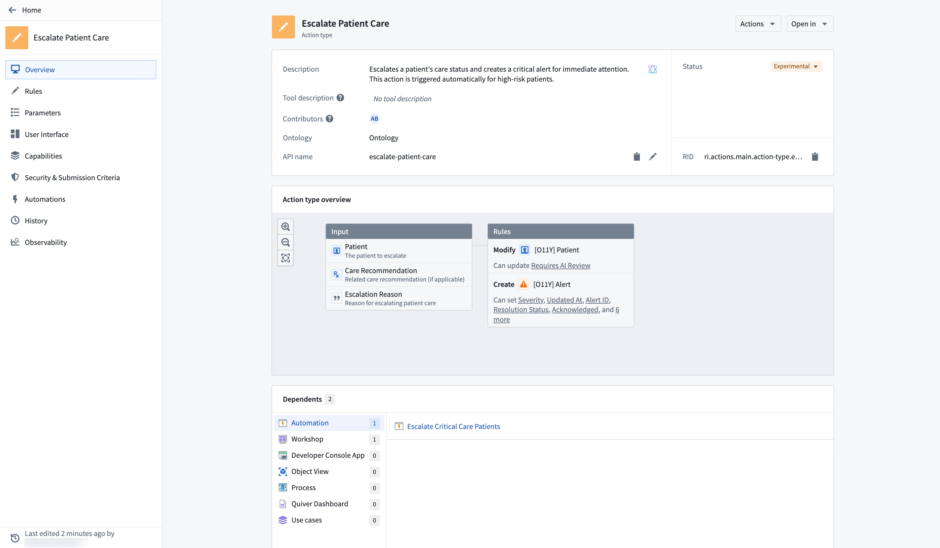 Action observability tab view.