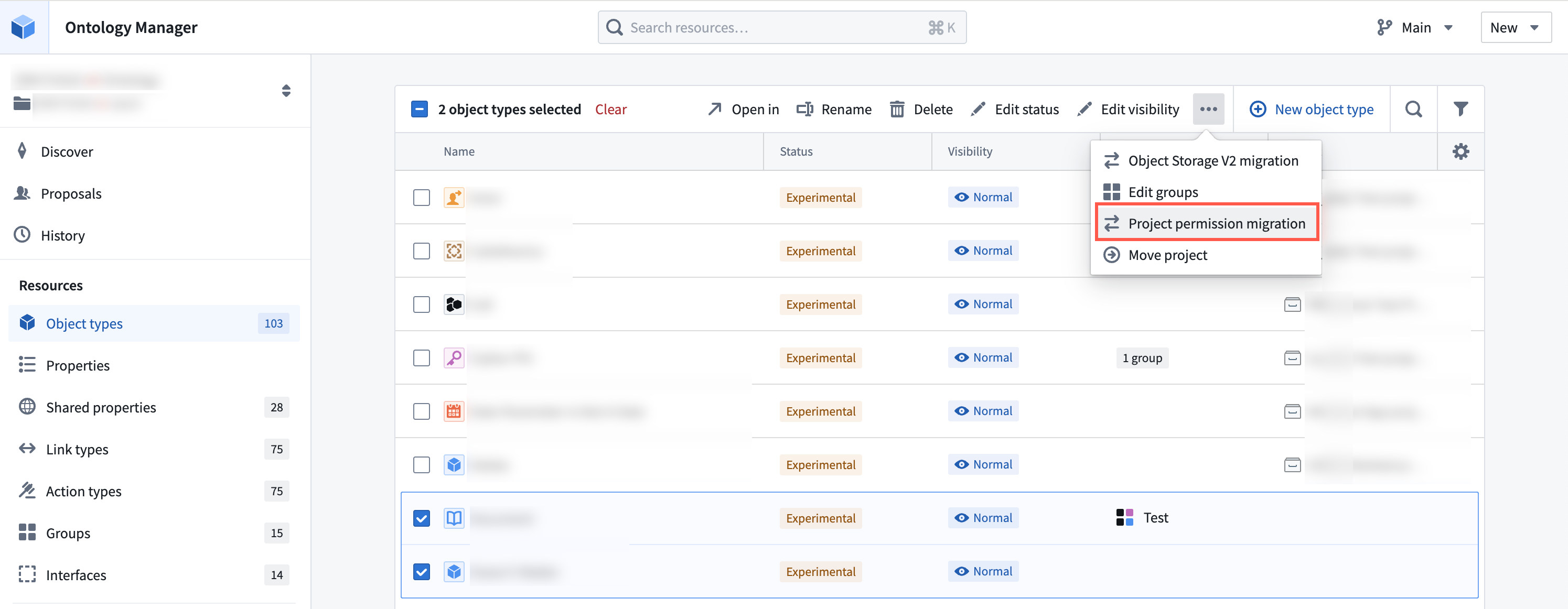 Migrate resources in bulk by selecting the resources and then using the option in the dropdown menu.