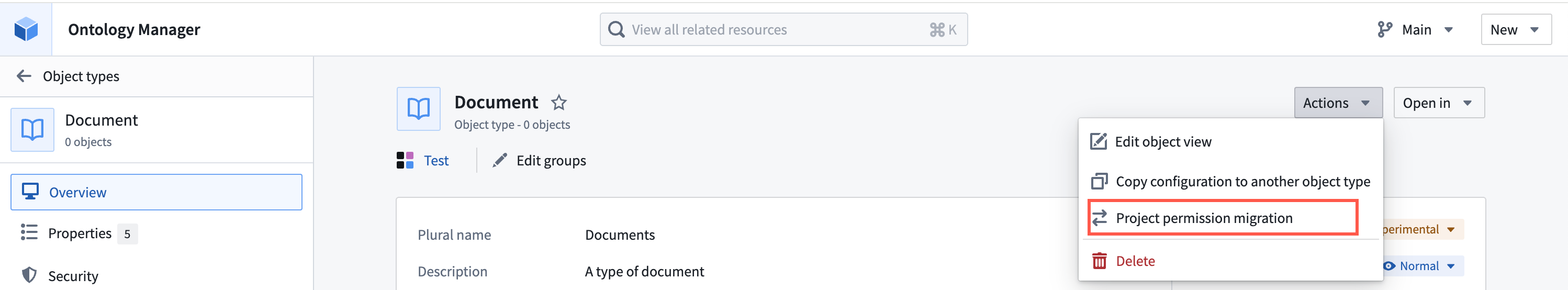Migrate an individual resource using the dropdown menu.