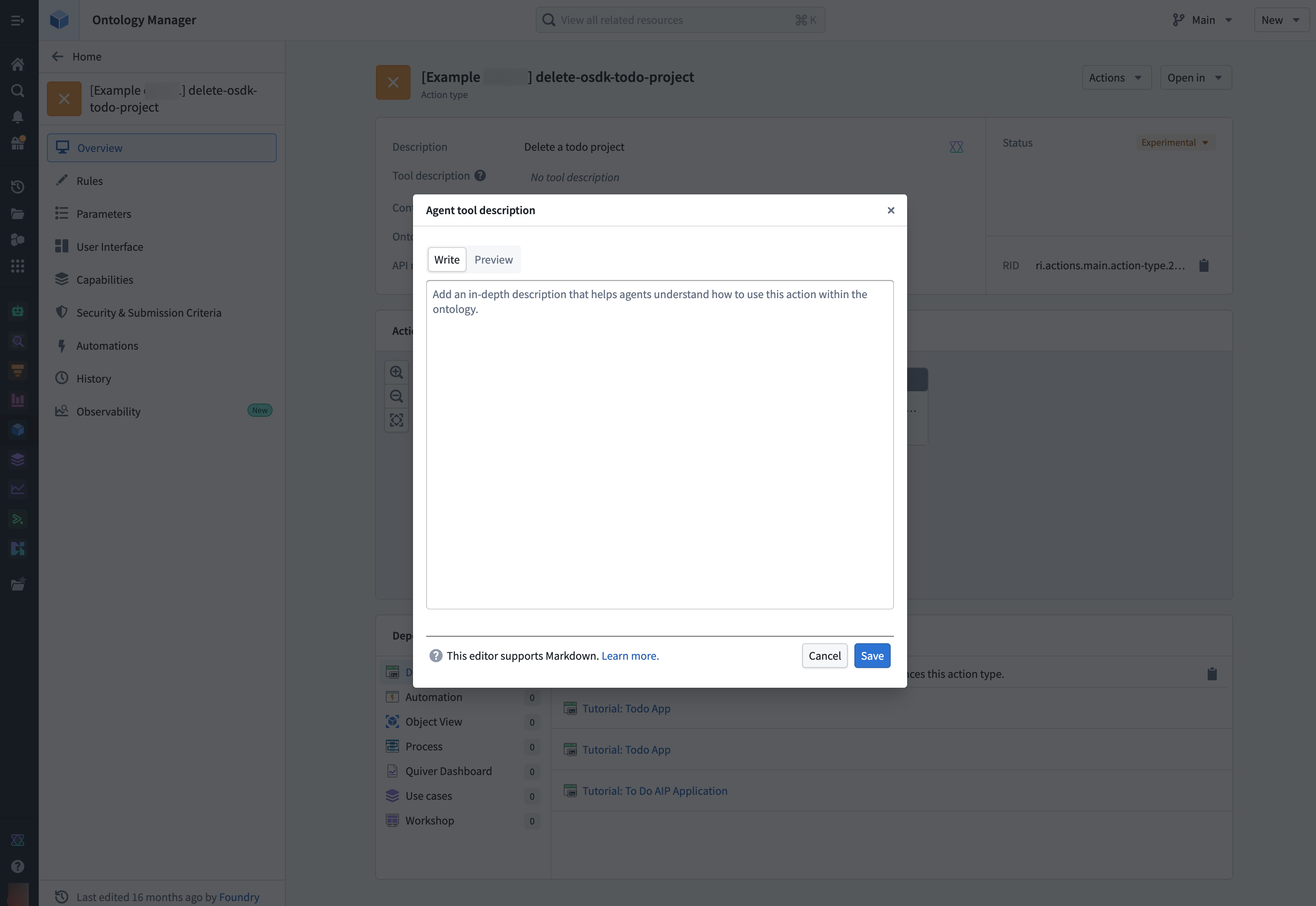 The Agent tool description field in Ontology Manager.