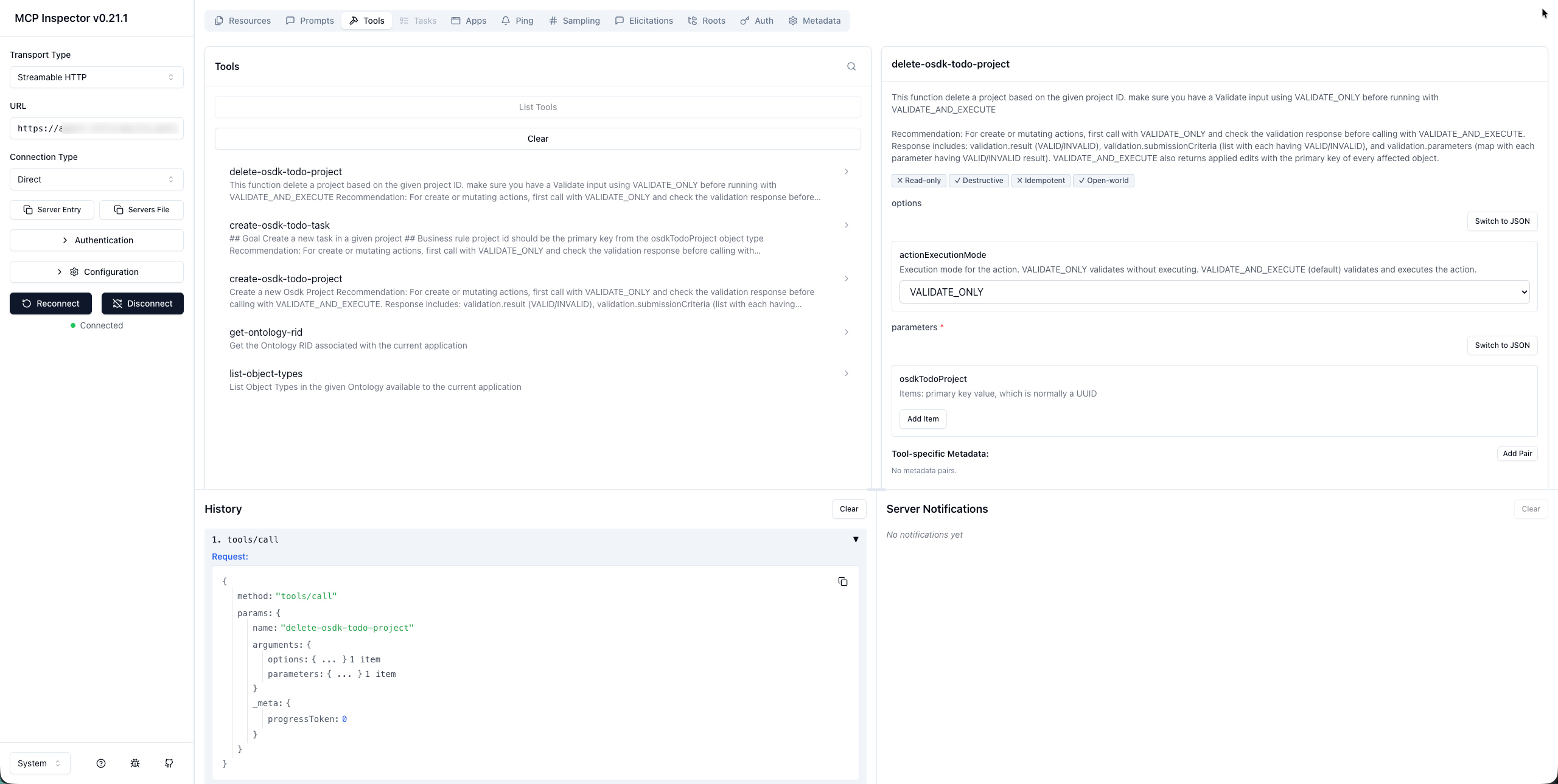 The "Tools" tab in MCP inspector, displaying a list of the tools exposed by your application."
