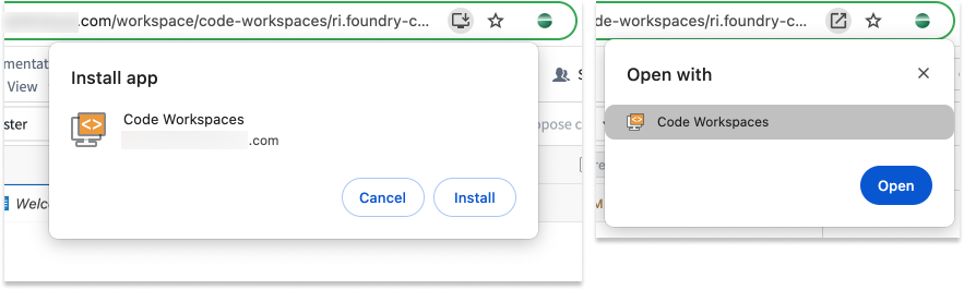 PWA アプリケーションのインストールと開くためのポップアップメッセージ。
