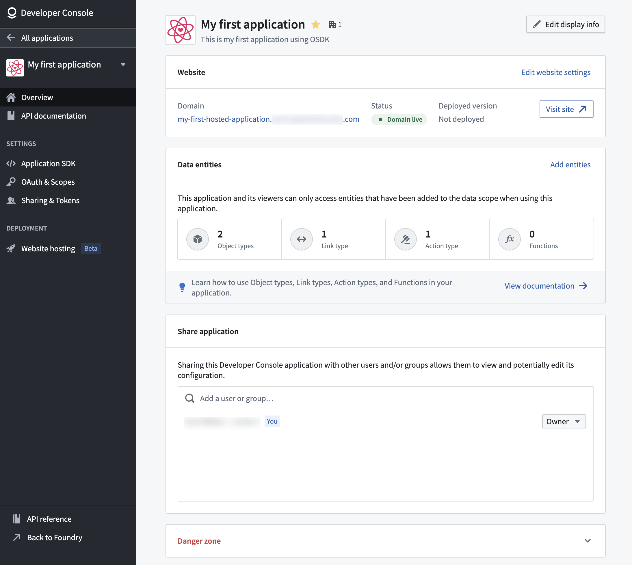 개발자 콘솔의 애플리케이션 전체보기 페이지