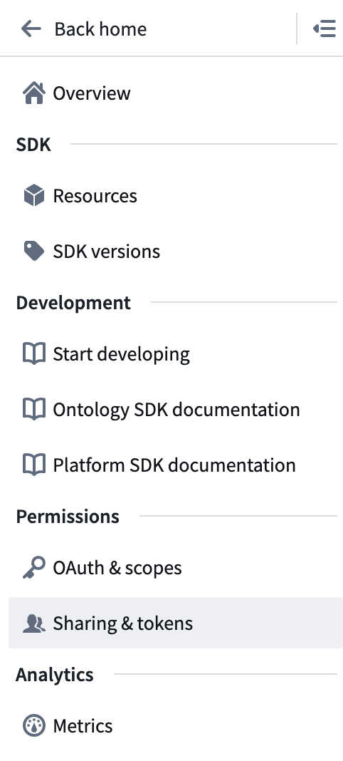The left sidebar on the developer console, with "Sharing & Tokens" Selected. 