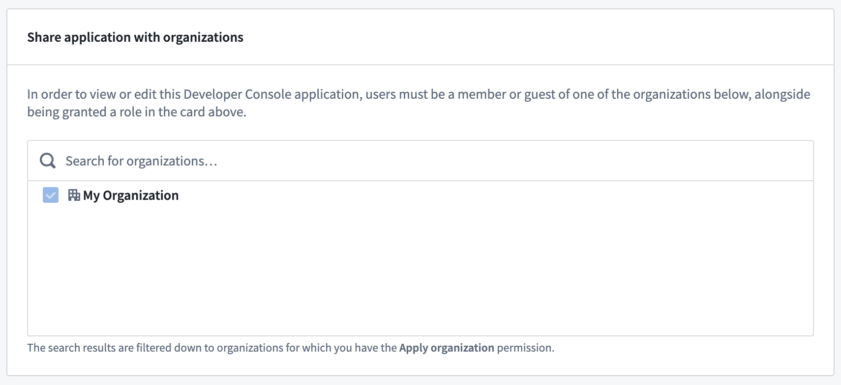 The application discovery list in Developer Console, with the Palantir organization added.