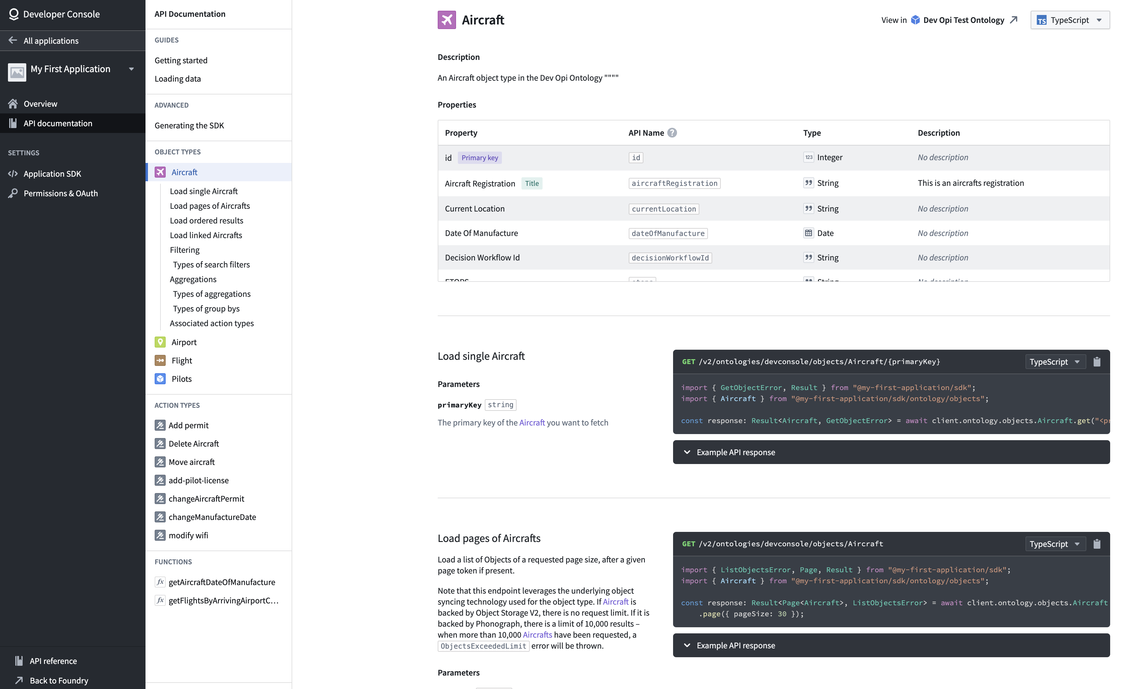 Developer Console 中 "Aircraft" Object 类型的 Ontology 特定文档。