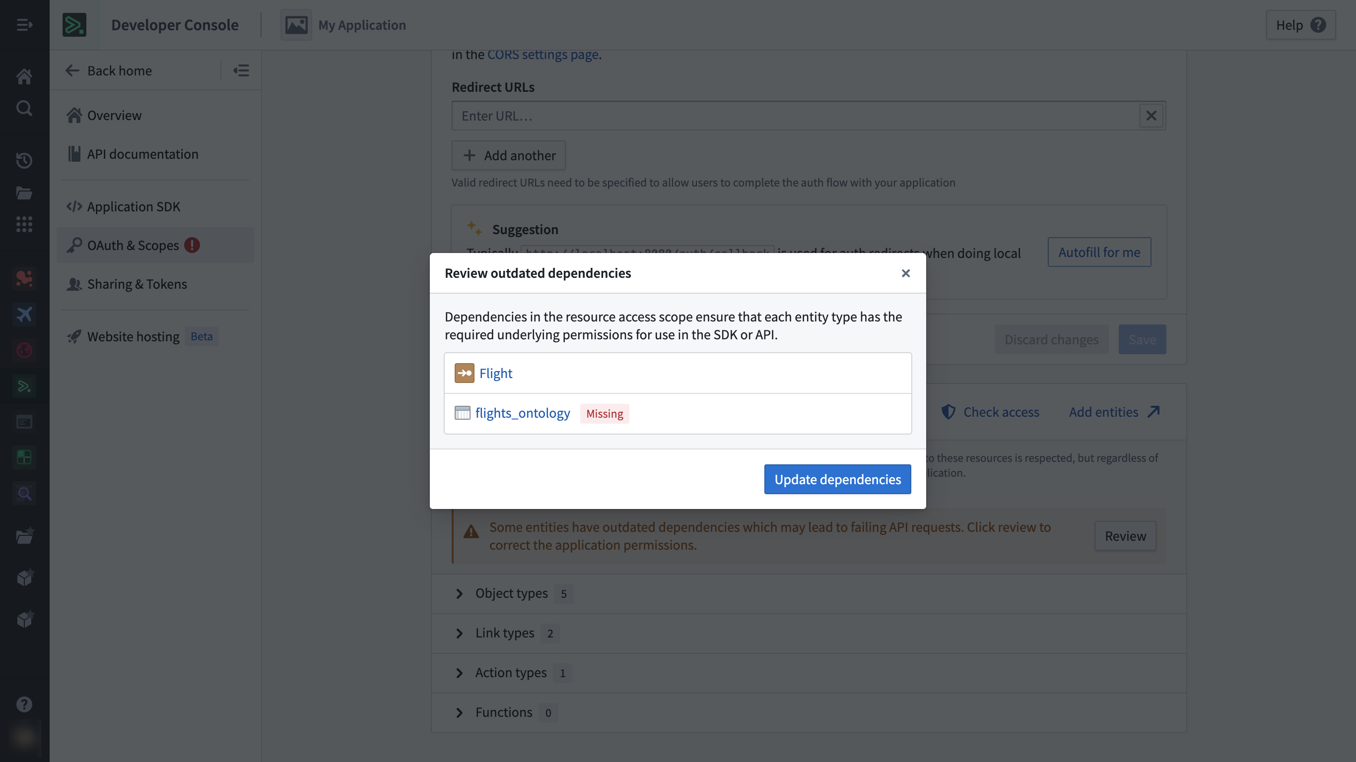 OAuth & Scopes 페이지에서의 오래된 종속성 수정 워크플로