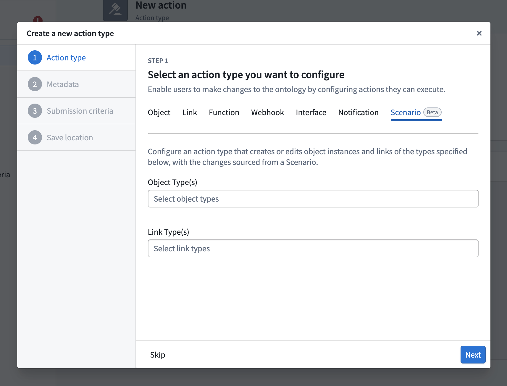 Create a new action type dialog showing the Scenario tab with Object type and Link type selection fields for configuring a merge action.