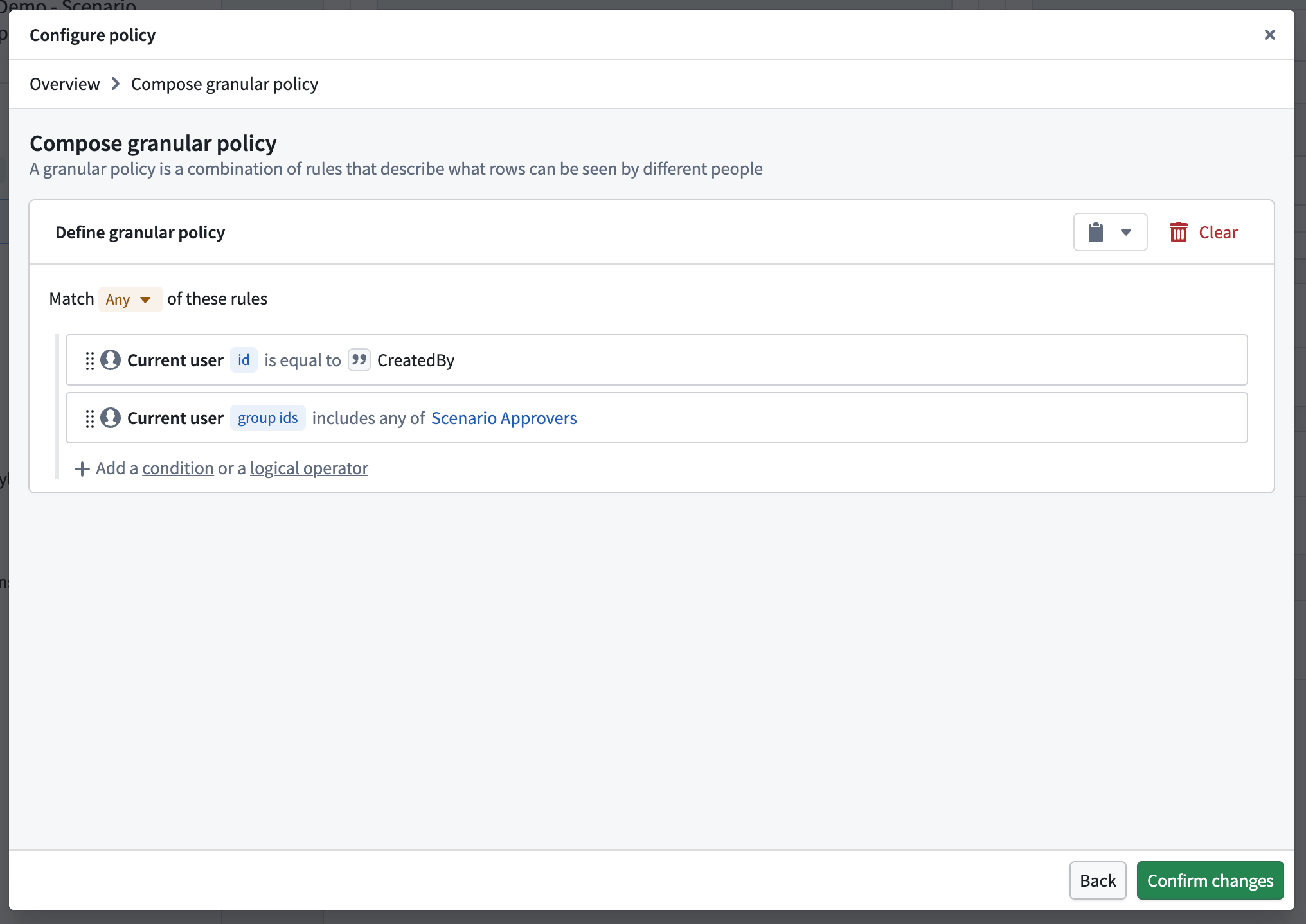 Configure security policy for scenario object type.