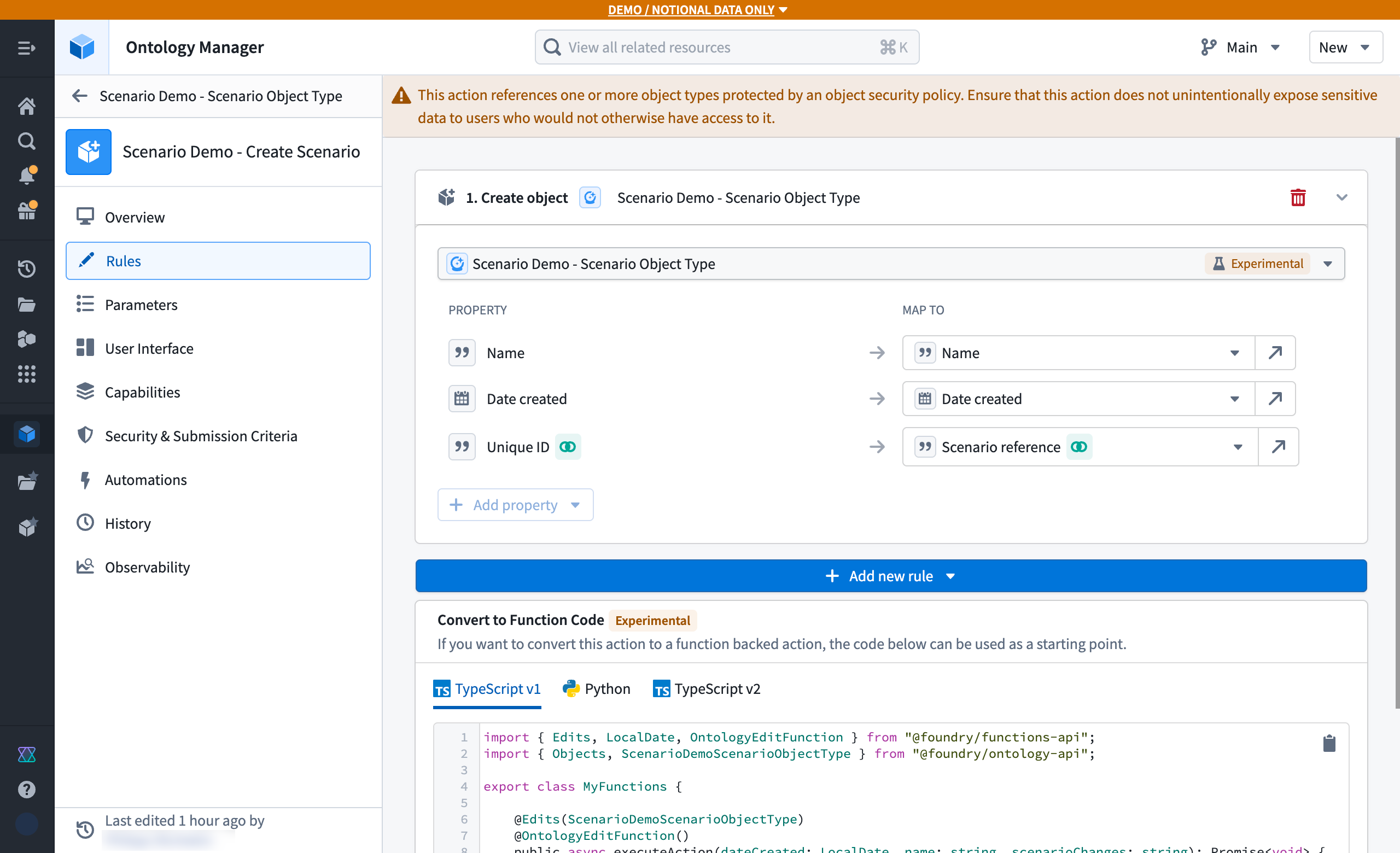 Create persist scenario action property mapping in the Ontology.