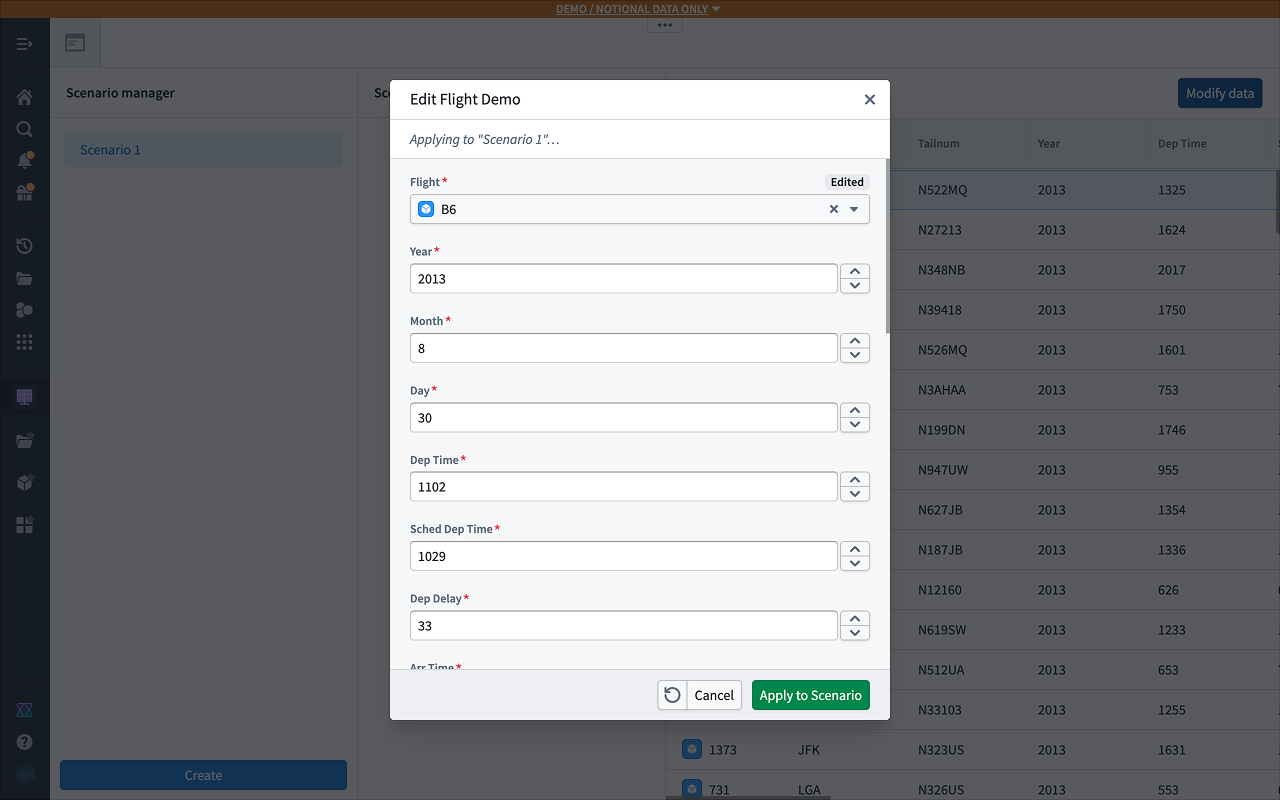 Edit Flight Demo dialog showing flight property fields with the Apply to Scenario button.