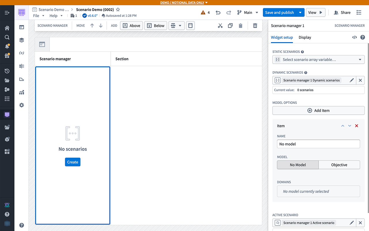 Scenario Manager widget configured with a Dynamic scenario variable, showing the Create button in the center.